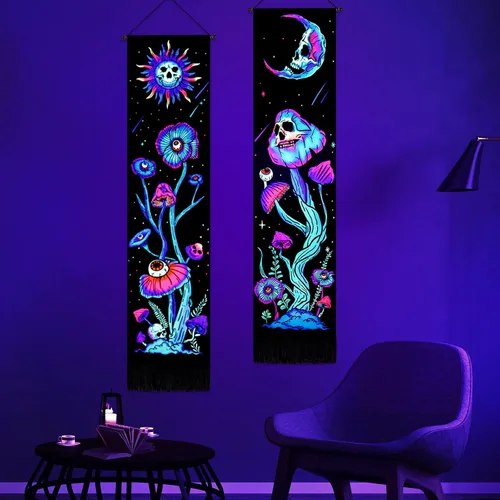 Paquete de 2 tapices verticales de luz negra, sol y luna, calavera de hongos, fantasía, floral, fondo espacial de galaxia, para colgar en la pared
