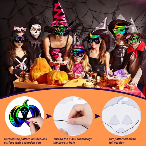 Miniatura 4 de Natonhi 32 piezas de manualidades de Halloween para niños, máscara para rascar arco iris, juegos de Halloween, arte y manualidades, kit de Halloween