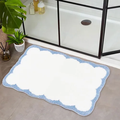 Bonitos tapetes de baño festoneados, antideslizantes, lavables a máquina, suaves, para ducha, bañera, cocina, 24 x 17 pulgadas, color azul