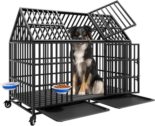 Miniatura 13 de Jaula indestructible para perros de 44 pulgadas, resistente a escapes, con techo puntiagudo para perros grandes y medianos de alta ansiedad, jaula