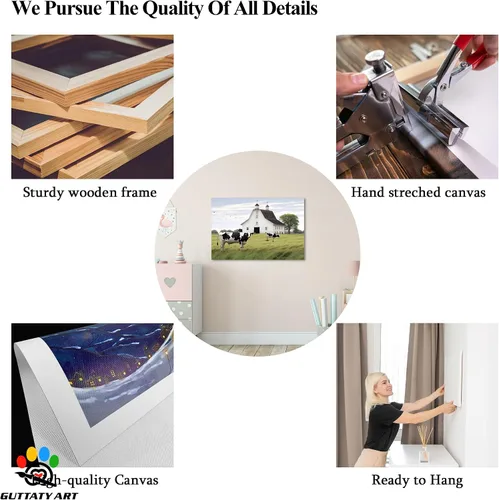 Miniatura 5 de Arte de pared con estampado de granero blanco de granja, granero y vaca, arte de pared con imágenes de granero blanco, cuadros rústicos de campo