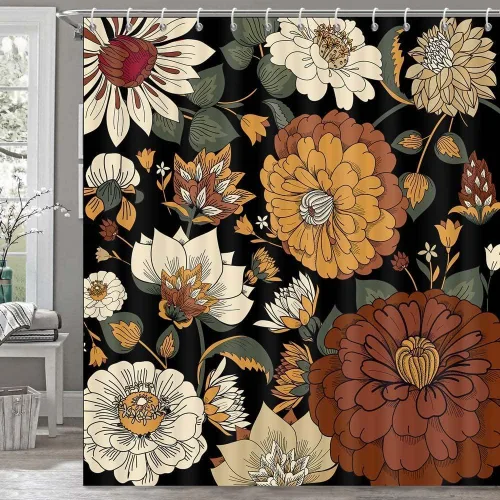 Miniatura 19 de Torich Cortina de ducha floral bohemia, abstracta de mediados de siglo, decoración bohemia, cortinas de baño, flores botánicas, hojas tropicales