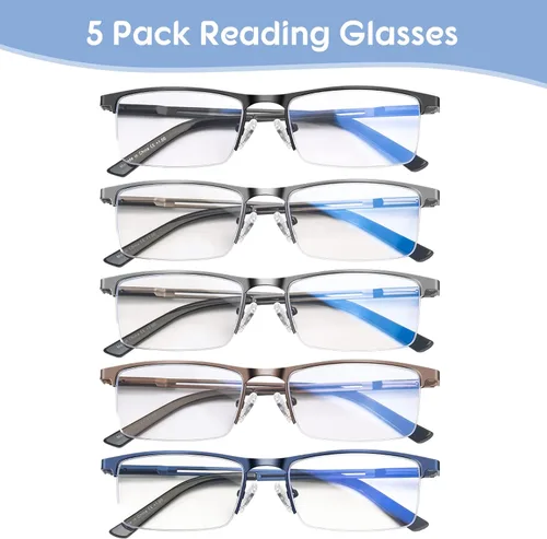 Miniatura 7 de KONHAGO Lentes de lectura con bloqueo de luz azul para hombres, lectores de metal de medio marco, con bisagra de resorte, antifatiga ocular