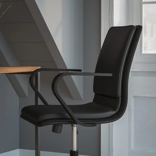 Miniatura 6 de Flash Furniture James Silla de oficina ejecutiva de diseño con respaldo medio, tapicería LeatherSoft negra, base y brazos negros, asiento giratorio