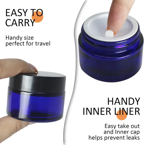 Miniatura 5 de Paquete de 24 tarros cosméticos redondos de vidrio azul de 1 onza con revestimientos interiores y tapas negras, tarros de vidrio de viaje