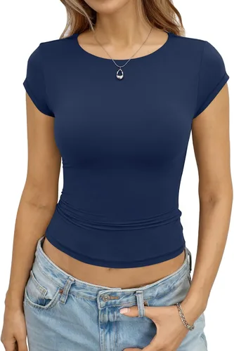 Miniatura 10 de EasyGala Camisetas de manga casquillo recortadas con doble forro para mujer, cuello redondo, camisetas ajustadas para salir, ropa de verano Y2K 2026
