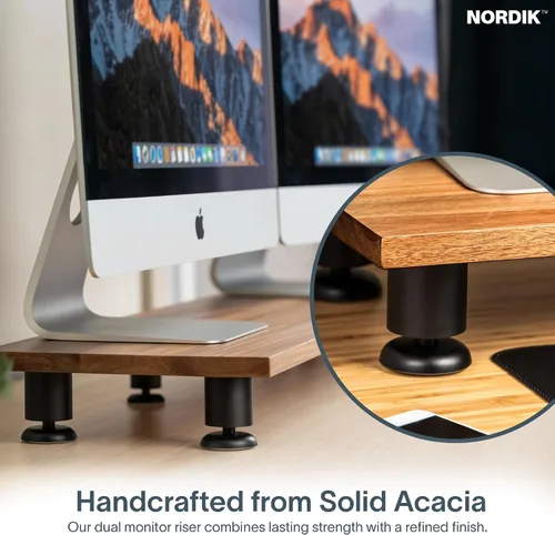 Miniatura 2 de Nordik - Elevador grande de doble monitor para 2 – 42.5 pulgadas de madera dura de acacia hecha a mano – Estante de madera organizador de escritorio