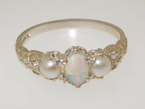 Miniatura 6 de Anillo de plata de ley 925 auténtico ópalo y perlas cultivadas para mujer
