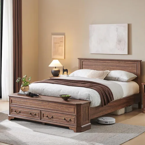 Miniatura 12 de T4TREAM Cama Queen de granja con cabecera y banco de almacenamiento, cama de plataforma de madera rústica con baúl de almacenamiento de 64 pulgadas