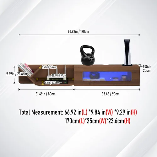 Miniatura 2 de Pmnianhua Soporte de TV flotante rústico con luces LED, consola multimedia montada en la pared de 66 pulgadas, centro de entretenimiento flotante