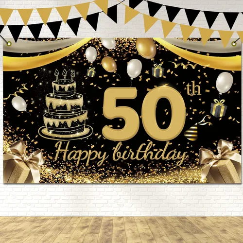Miniatura 7 de Cartel de feliz cumpleaños 50 para patio, pancarta de cumpleaños número 50 en negro y rojo, decoración para mujeres y hombres, fondo grande de 50