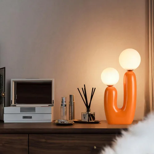 Miniatura 7 de Lámpara de mesa moderna naranja en forma de cactus con 2 luces, lámpara de seta, esfera de leche blanca de vidrio, lámparas de mesa bonitas