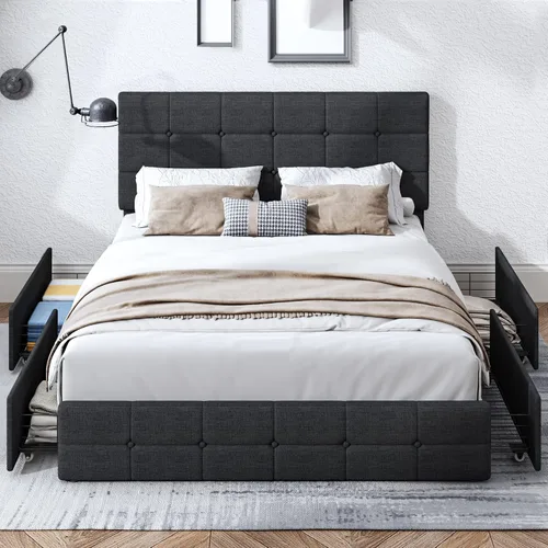 Miniatura 3 de Moderna base de cama tapizada con 4 cajones de almacenamiento, cama de plataforma con cabecera capitonada con botones ajustables, soporte de Negro