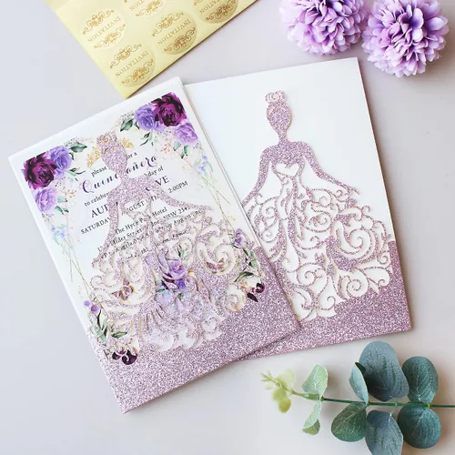 Miniatura 3 de 5.12 x 7.28 pulgadas, kit de 50 invitaciones de quinceañera con purpurina morada, cortadas con láser, huecas, de niña princesa, invitaciones