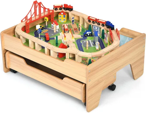 Miniatura 11 de Costzon Mesa de tren, 80 piezas, mesa de actividades de madera para niños con mesa reversible y desmontable, pistas de madera maciza, tren