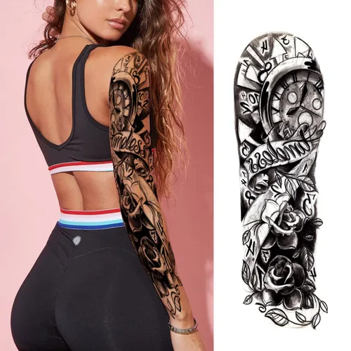 Miniatura 6 de Tatuajes temporales de flor de tótem negro y calavera - 8 hojas de tatuajes realistas de manga para hombres y mujeres, tatuaje falso grande