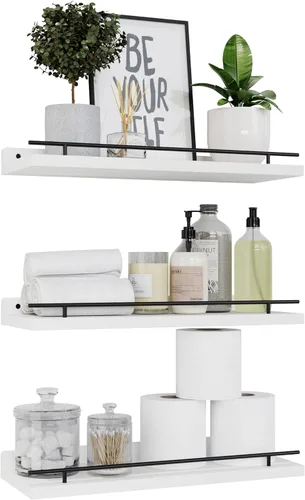 Miniatura 8 de WOPITUES Estantes flotantes con barandilla de metal negro, estantes para decoración de pared, juego de 3, estantes de pared para dormitorio, baño