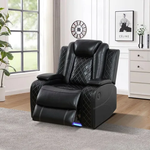 Miniatura 19 de Juego de sofá reclinable de cuero eléctrico con LED, juego de sala de estar de cuero, juego de sofá reclinable con puerto USB/soporte
