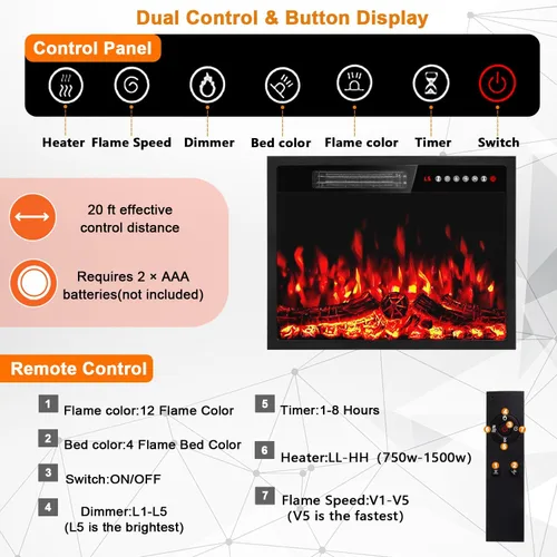 Miniatura 5 de PRETZI Calentador eléctrico de chimenea de 23 pulgadas, chimenea empotrada con control remoto y panel de control, efectos de llama LED ajustables