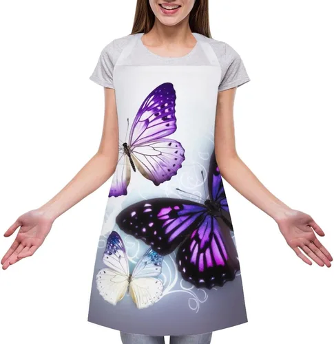 Miniatura 3 de Personalized White Purple Butterflies Adult Apron, Kitchen Cooking Aprons for Woman Man, Adjustable Bib Apron with Pocket for Baking, BBQ Crafting