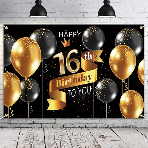 Miniatura 35 de Cartel de fondo de feliz cumpleaños 15 – Suministros de decoración de fiesta de cumpleaños 15 para niños – Oro negro 3.9 x 5.9 pies