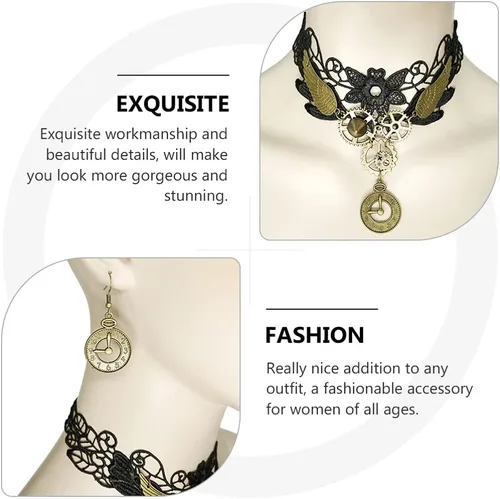 Miniatura 5 de Generic Gargantilla de encaje gótico, aretes vintage, collar steampunk, gargantilla de engranaje, accesorios de disfraz para mujeres y niñas, 3