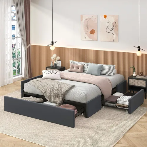 Miniatura 10 de SHA CERLIN Base de cama moderna de plataforma completa con 3 cajones de almacenamiento, diseño de panel lateral de ala, tapizado de piel sintética