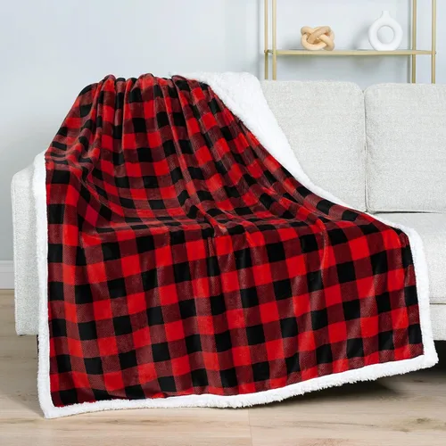 Miniatura 2 de PAVILIA Manta Sherpa a cuadros Buffalo negros y rojos para sofá individual, manta de franela suave y esponjosa para cama, manta de forro polar a
