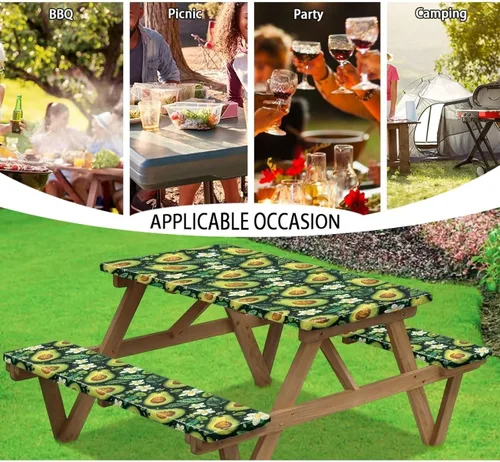 Miniatura 4 de Funda de mesa de picnic con fundas de banco, resistente al viento, resistente a las manchas, mantel de camping y accesorios de viaje, juego de 3