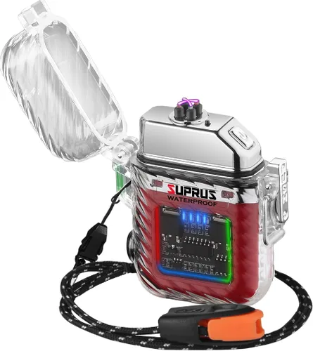 Miniatura 12 de SUPRUS Luminoso 3 modos de linterna resistente al viento, impermeable, encendedor eléctrico recargable de plasma de doble arco con silbato de Naranja