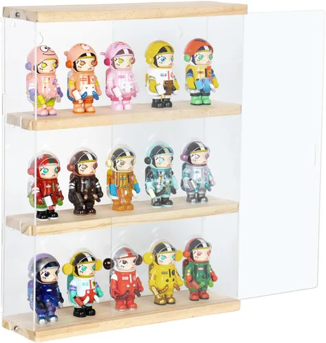Miniatura 9 de vitrina acrílica de 3 capas, caja de exhibición montada en la pared con puerta, escaparate de minifigura transparente para encimera, para Negro