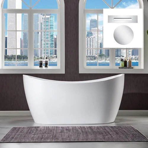 Miniatura 20 de WOODBRIDGE BTA1516 BG - Bañera independiente de acrílico de 59 pulgadas, bañera blanca de remojo contemporáneo con desbordamiento y drenaje de oro