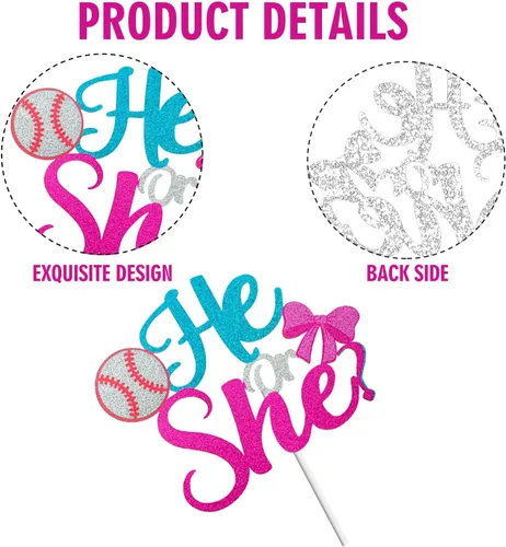 Miniatura 4 de Él or She Gender Reveal Cake Topper - Decoración para pastel de béisbol o lazos para niño o niña, suministros de anuncio de embarazo azul o rosa