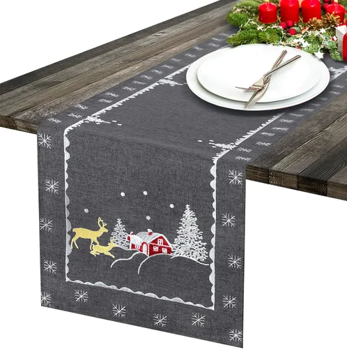 Miniatura 2 de Mantel pequeño con diseño de reno bordado para fiestas de Navidad
