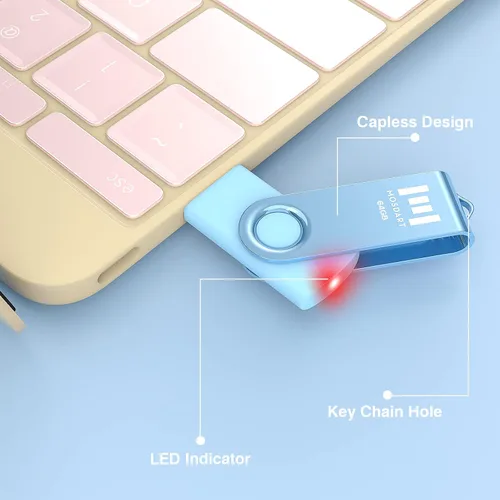 Miniatura 3 de MOSDART Unidad flash USB 2.0 de 64 GB, con bucle para llavero, diseño giratorio con luz LED, memoria exFAT para computadoras, respaldo del sistema