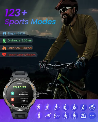 Miniatura 6 de Reloj inteligente para hombres Android Fitness Tracker: 1.53 "Militar Reloj inteligente con linterna brújula hacer respuesta Bluetooth Llamada Negro