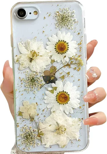 Miniatura 24 de LSEEKA Funda transparente para iPhone 13 Mini/iPhone 12 Mini con diseño de flores reales prensadas, con purpurina, bonito patrón floral blanco, Oro