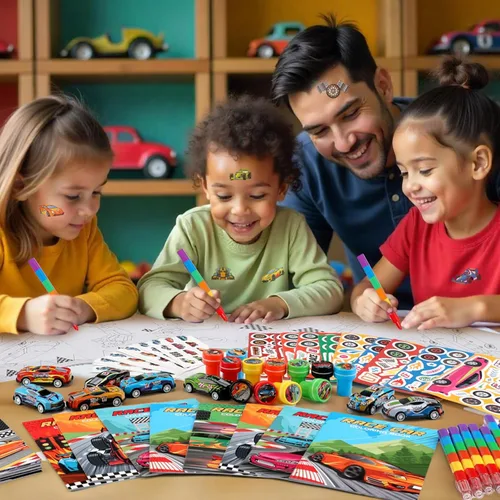 Miniatura 5 de BenLouis 84 piezas de recuerdos de fiesta con tema de carreras, libros para colorear, crayolas, stickers, set a granel para niños, ruedas