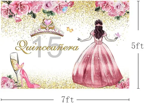 Miniatura 3 de AIBIIN Telón de fondo de quinceañera de 15 cumpleaños para niñas, fondo de fotografía rosa floral dorado con purpurina, corona de princesa, tacones