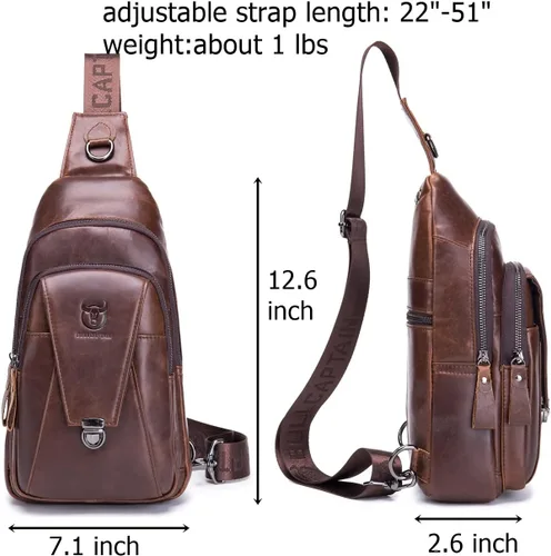 Miniatura 2 de BULLCAPTAIN Mochila cruzada de cuero genuino para hombre, mochila de senderismo al aire libre, bolsa de pecho de viaje