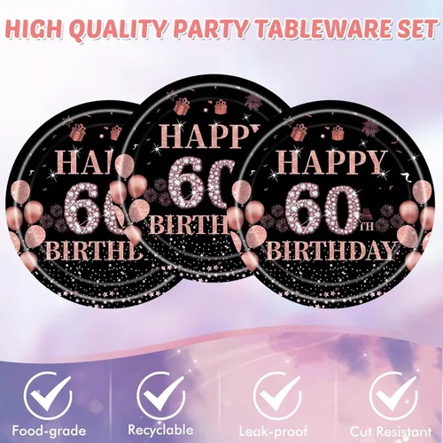 Miniatura 5 de 41 piezas de decoraciones de 60 cumpleaños para mujeres, juego de vajilla de fiesta de 60 años, platos, servilletas, mantel, suministro de fiesta