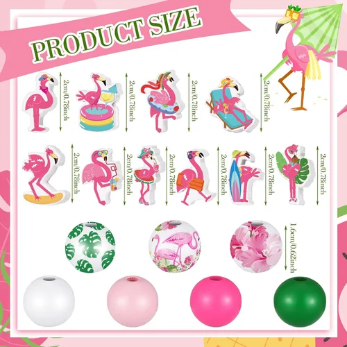 Miniatura 2 de Tradder 200 cuentas redondas de verano de flamenco, cuentas de madera con hojas de palma pulidas hawaianas tropicales para hacer joyas, manualidades