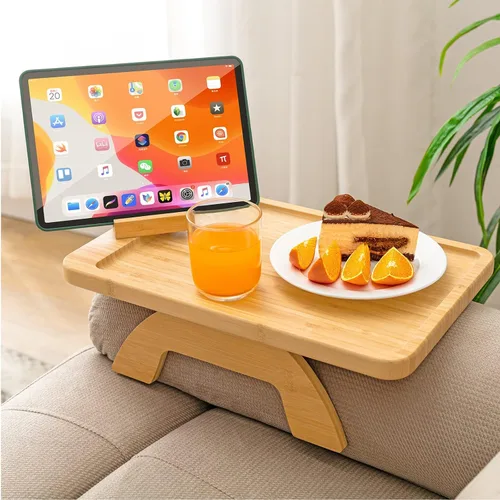 Miniatura 13 de SINWANT Mesa de Brazo para Sofá, Mesas de Reposabrazos de Sofá de Madera de Acacia, Mesa de Reposabrazos de Sofá con Soporte para Teléfono de 360°
