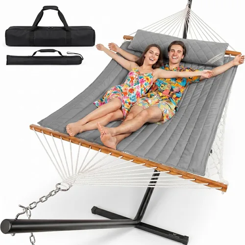 Miniatura 10 de Everyfun - Hamaca para 2 personas al aire libre con soporte, hamaca de cuerda de algodón con almohadilla de poliéster, estructura de acero