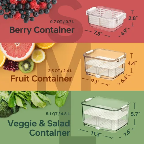 Miniatura 6 de Felli Duo Fresh Produce Saver para Nevera, Recipiente para Frutas y Vegetales con Ventilación y Drenaje en la Parte Inferior para Lavado, Colador
