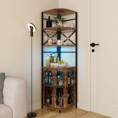 Miniatura 2 de Gabinete de bar de vino con toma de corriente, gabinete industrial de vino de 6 niveles con luz LED y soporte para vidrio, gabinete de vino