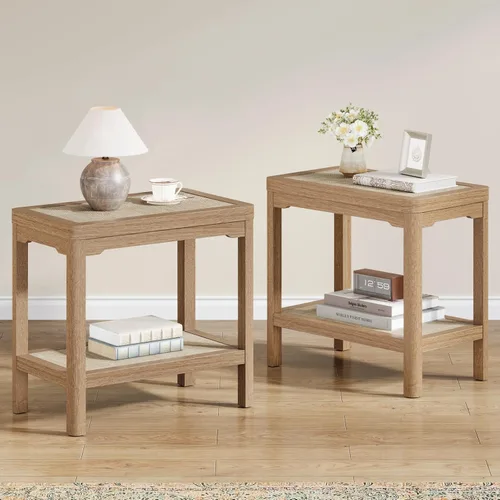 Miniatura 10 de Eclatara Mesitas de noche de ratán, mesa auxiliar de 2 niveles para dormitorio, mesa auxiliar de polígono decorativa para espacios pequeños, mesa