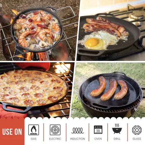 Miniatura 7 de Sartén de hierro fundido para pizza Chef Pomodoro, sartén de hierro fundido pre-sazonada de 12 pulgadas con asas, sartén dosa para dosa Tawa Roti