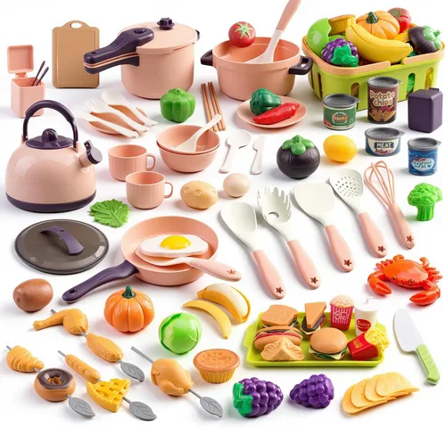 Miniatura 11 de 60 piezas de accesorios de cocina de juego para niños, juego de cocina de simulación con ollas y sartenes, vajilla y conjuntos de frutas y barbacoa