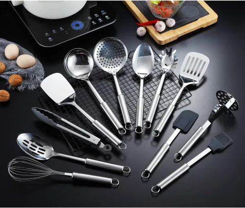 Miniatura 2 de Berglander Juego de utensilios de cocina de acero inoxidable de 13 piezas con soporte, incluye cuchara de cocina, espátula, batidor, pinza de B. 13